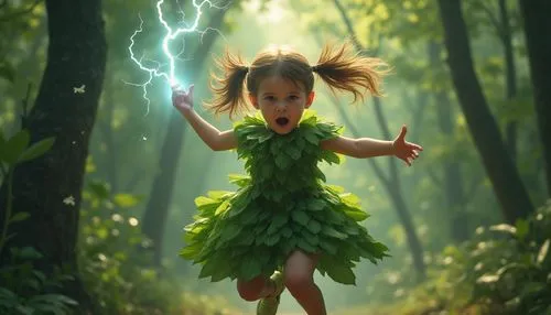 little girl in wind,little girl fairy,little girl running,aaaa,little girl twirling,green electricity,Illustration,Realistic Fantasy,Realistic Fantasy 16