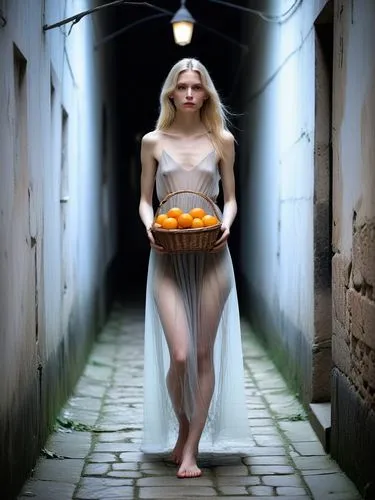 The picture shows a young skinny woman with long, platinum blonde hair standing in a narrow, dark corridor or street. There is a gloomy, mysterious atmosphere. The woman is wearing a long, fully trans