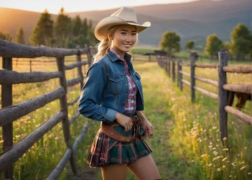 Japanese cowgirl, young adult, ponytail, blonde hair, freckles, gentle smile, cowboy hat, denim jacket, plaid shirt, short skirt, boots, horse riding, farm, countryside, sunset, warm light, rustic woo