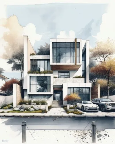 USE SKETCH STYLE,two story white modern home with car garage,neutra,sketchup,renderings,house drawing,residencial,eichler,Illustration,Paper based,Paper Based 07