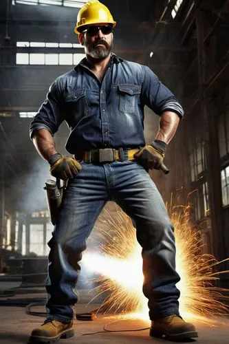 Industrial architectural metal contractors, male, 35-45 years old, muscular arms, tool belt, yellow hard hat, sunglasses, facial hair, worn jeans, heavy boots, standing, confident pose, holding a weld