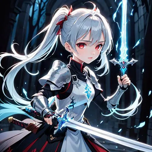 a female warrior character in a fantasy style. The character has pale, almost white skin and striking red eyes. Her hair is long, flowing, and light blue, styled into two high ponytails with glowing t