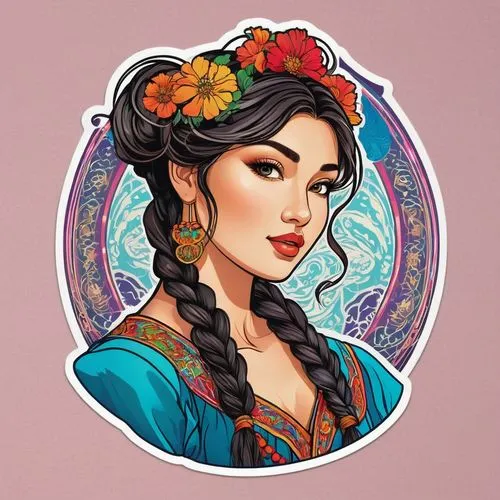 jasmine blossom,jasmine,rosa ' amber cover,mulan,rose flower illustration,sultana,boho art,fantasy portrait,moana,pocahontas,rosa,jasmine flower,flora,vanessa (butterfly),oriental princess,adelita,elsa,rosella,digital illustration,frida,Unique,Design,Sticker