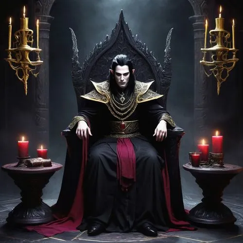 Sheogorath, Daedric Prince of Madness, dark fantasy, twisted throne, ornate gold details, crimson velvet cushions, eerie glowing eyes, sinister grin, pale skin, wild black hair, tattered black robes w