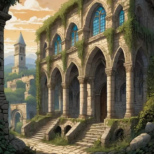 ruins,mausoleum ruins,monastery,hall of the fallen,ancient city,valentia,celsus library,castle of the corvin,coliseum,seregil,the ruins of the,ruin,castle ruins,deltora,labyrinthian,ancient buildings,stone palace,meteora,alfheim,aspendos,Illustration,American Style,American Style 13