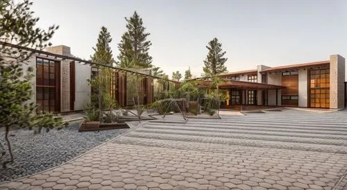 mexica villa, mediterranen charm, stone facades, spanish tile, playground, garden, pine trees, forest surrounding, resort, wood bims,dunes house,corten steel,modern architecture,mid century house,pers