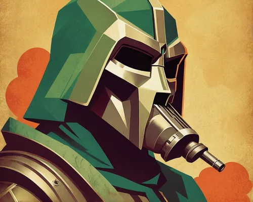 Imagine a retro-themed wallpaper with MF DOOM depicted in a vintage comic book style.,boba fett,doctor doom,iron mask hero,boba,spartan,bot icon,vector graphic,crusader,robot icon,knight,vector art,em