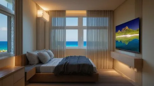 window with sea view,sleeping room,guest room,bedroom window,modern room,ocean view,room divider,bedroom,window treatment,great room,guestroom,sky apartment,hotelroom,seaside view,blue room,window vie