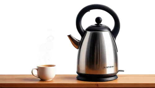 Electric kettle, shiny metal body, rounded shape, whistle sound, steam rising, wooden table, morning scene, soft natural light, 3/4 composition, warm color tone, shallow depth of field, cinematic ligh