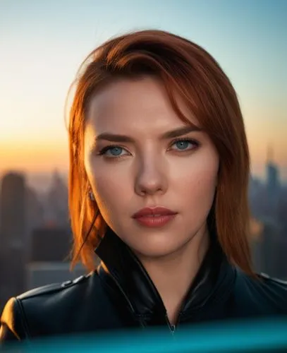 the iconic figure of Scarlett Johansson as a  brave and imposing figure, known for his red hair and piercing turquoise eyes, stands tall in the stands of New York City's iconic skyline. Clad in a slee