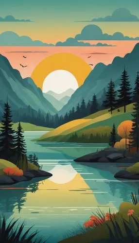 landscape background,river landscape,nature background,mountain sunrise,background vector,mountain landscape,Illustration,Vector,Vector 08