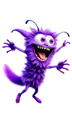 Purple People Eater, cartoon character, fantasy creature, one eye, antennae, sharp teeth, purple skin, fluffy arms, legs, and tail, shiny surface, playful pose, jumping, energetic movement, soft focus