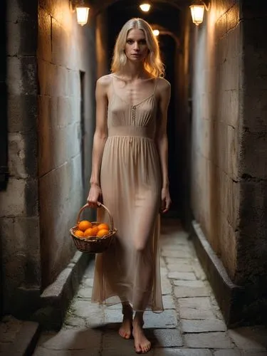 The picture shows a young skinny woman with long, platinum blonde hair standing in a narrow, dark corridor or street. There is a gloomy, mysterious atmosphere. The woman is wearing a long, transparent