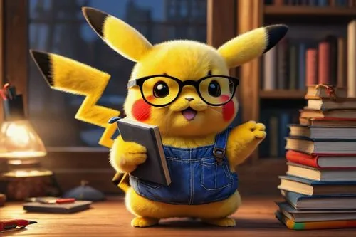 Pikachu, wearing black-framed glasses, yellow fur, red cheeks, cute facial expression, standing on two legs, holding a tiny book, white shirt with short sleeves, blue overalls, shiny black shoes, sitt