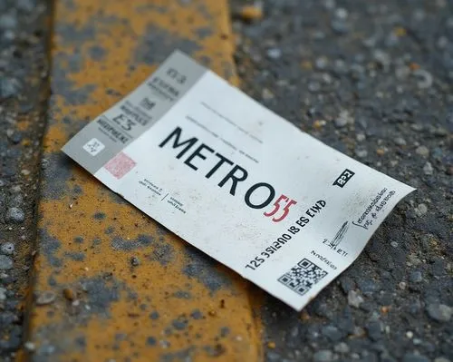 A photo of A train ticket is thrown on the pavement,the focus is on the ticket, in the ticket there is text “METRO55” and QR code,a ticket lying on the ground with an old newspaper,metrocard,metromedi