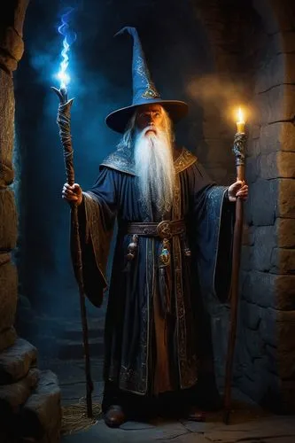 Mysterious three-eyed Kreen wizard, tall slender figure, long white beard, pointed hat with golden stars, worn leather boots, dark brown robes with intricate silver embroidery, wooden staff with glowi