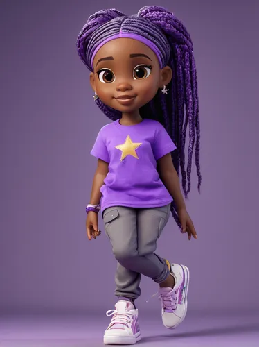 black girl with long purple braids, purple t-shirt with star, gray pants and sneakers, character animation, cute cartoon character, animated cartoon, clay animation, cartoon,agnes,cute cartoon charact