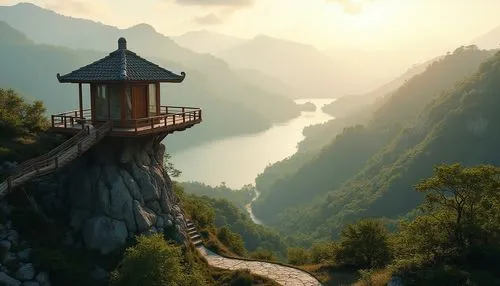 lookout tower,tigers nest,wudang,fantasy landscape,watch tower,cliffside,mountain landscape,world digital painting,tianchi,watchtower,overlook,observation tower,viewpoint,landscape background,high landscape,mountainous landscape,hiking path,heavenly ladder,beautiful landscape,scenic bridge,Photography,General,Realistic