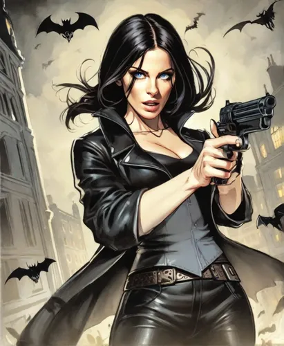 woman holding gun,girl with a gun,girl with gun,black widow,holding a gun,femme fatale,huntress,smith and wesson,evil woman,dark angel,spy,birds of prey,crime fighting,raven rook,renegade,super heroine,gunfighter,game illustration,vampire woman,birds of prey-night