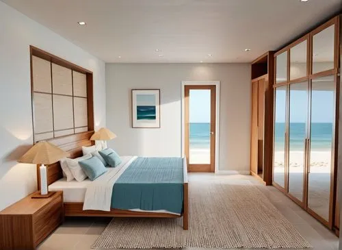 Bedroom with coastal interior theme, wardrobes opposite bed and doors to bathroom and entry,baladiyat,saadiyat,seawind,guestrooms,sandpiper bay,staterooms,modern room,amanresorts,maldives mvr,bedroome