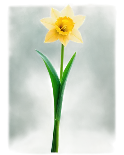 Bright yellow daffodil, trumpet-shaped center, delicate petals, green stem, leaves wrapped around stem, outdoor setting, natural lighting, soft focus, shallow depth of field, warm color tone, 3/4 comp