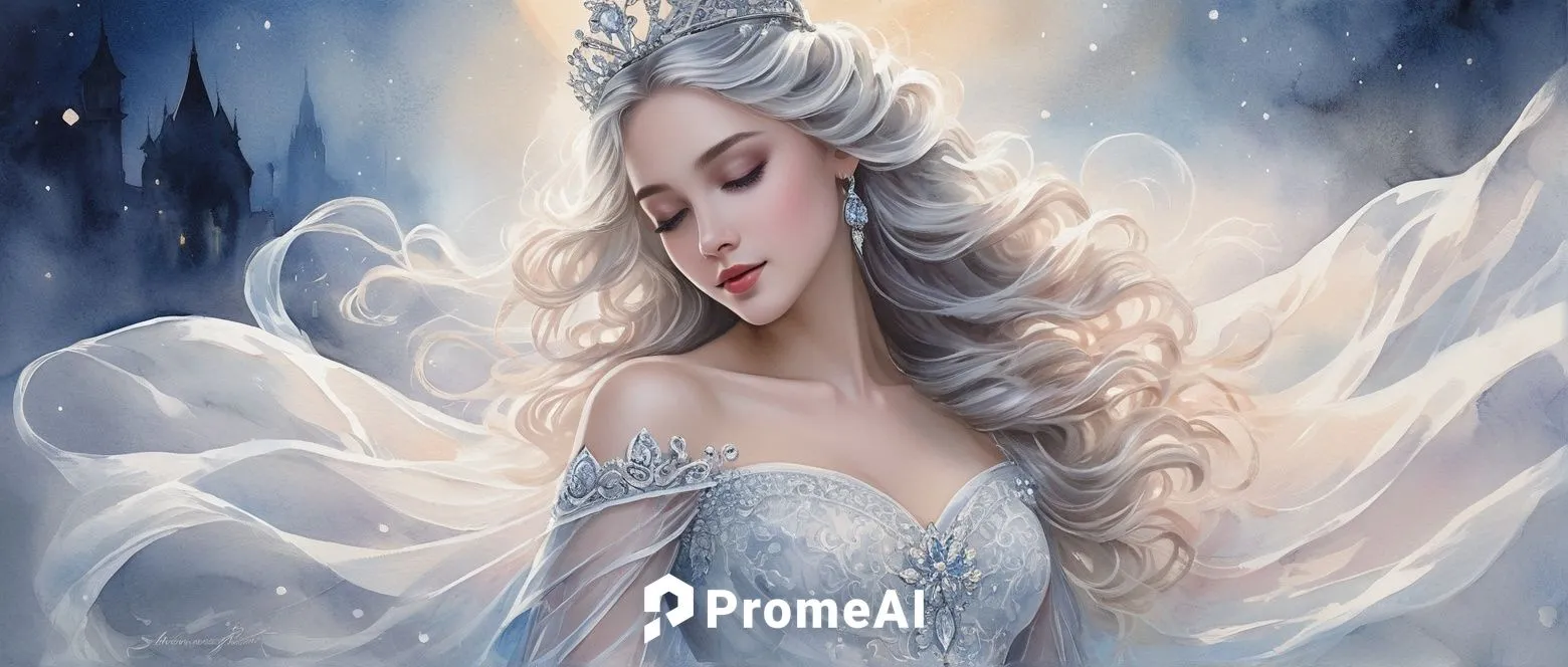 Fantasy female, elegant princess, slender figure, long curly silver hair, intricate braids, shimmering diamond tiara, mystical blue eyes, subtle blush, full lips, gentle smile, delicate fingers, lace 