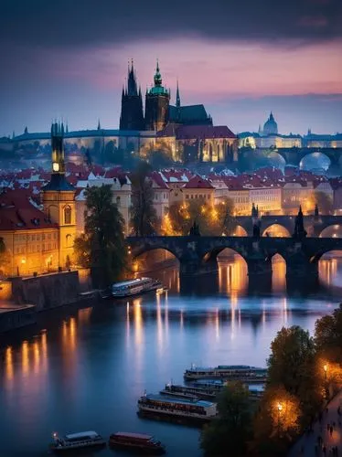 Prague, global architecture design program, futuristic, modern, sleek lines, glass, steel, LED lights, cityscape, Vltava River, Charles Bridge, Baroque style buildings, Gothic spires, narrow cobblesto