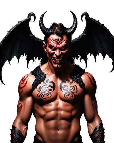 Scary Satan, demon king, red skin, sharp horns, muscular build, black wings, flames surrounding body, evil grin, sharp teeth, glowing red eyes, dark aura, smoke effects, hellish background, low-key li