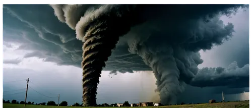 Tornado, natural disaster, dark funnel cloud, rotating column, destruction, debris, ruins, chaos, stormy weather, ominous sky, low-angle shot, dramatic lighting, high contrast, shallow depth of field,