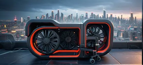 Sleek and modern wheelchair footrest, ergonomic design, anti-slip surface with gradient textures, photorealistic style,,a strange looking machine next to a big city,elektrocar,bass speaker,sundown aud