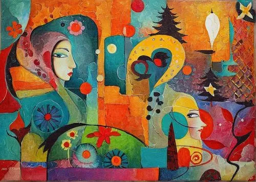 abstraction,woman thinking,the annunciation,braque francais,conversation,nativity,khokhloma painting,abstract cartoon art,motif,woman at cafe,woman playing,picasso,praying woman,musicians,woman with i