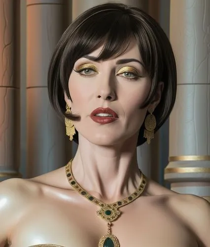 ancient priestess with bangs and short black hair dressed in expensive ancient tunique with jewelry in ancient temple,digital artwork of a woman wearing fancy gold jewelry,cleopatra,art deco woman,anc