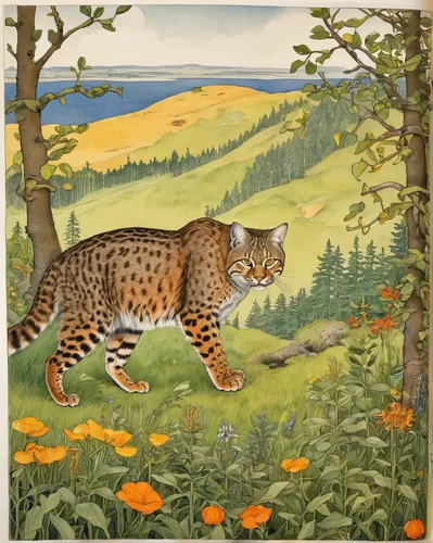 felidae,kamchatka,wild cat,hunting scene,animals hunting,david bates,dark green fritillary,bobcat,wild meadow,woodland animals,terrestrial animal,ocelot,savanna,mountain lion,cool woodblock images,jaguar,the amur adonis,lynx,fauna,khokhloma painting,Illustration,Realistic Fantasy,Realistic Fantasy 31