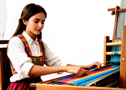 Weaver girl, traditional clothing, intricate patterns, colorful threads, wooden loom, hands moving swiftly, concentrated expression, soft natural light, warm color tone, 3/4 composition, shallow depth