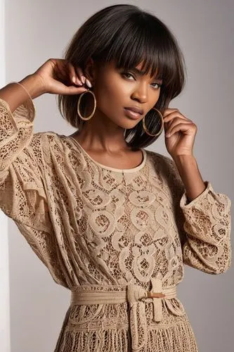 a young black woman wearing an elegant brown lace dress,shontelle,idibia,pinnock,kouroussa,rwandan,feza,Photography,General,Natural