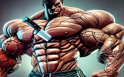 a man with muscles holding a large knife,namor,daken,kraven,liefeld,kenshiro,haggar