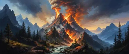 a painting of a huge fire in the mountains,fire in the mountains,fire mountain,forest fire,firelands,volcanic landscape,fire background