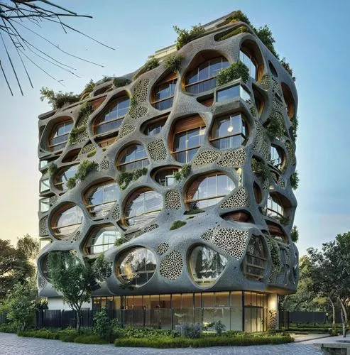 FACHADA DE PIEDRA LAJA,the building has a spiral design on it,building honeycomb,honeycomb structure,hotel w barcelona,cubic house,interlace,hotel barcelona city and coast,Photography,Artistic Photogr