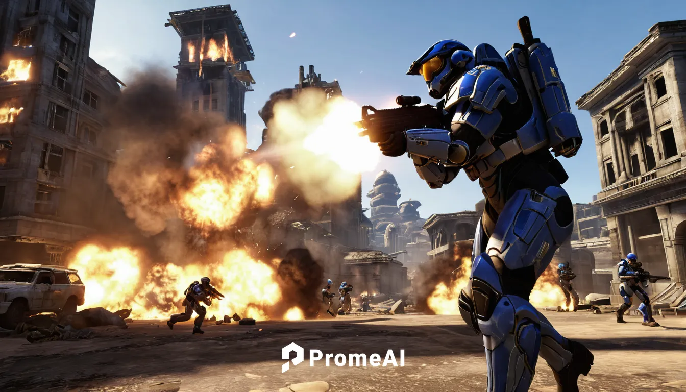 video game, StarCraft, beta version, free access, player character, soldier, military uniform, assault rifle, dynamic action pose, urban warfare environment, destroyed buildings, smoke effects, dramat