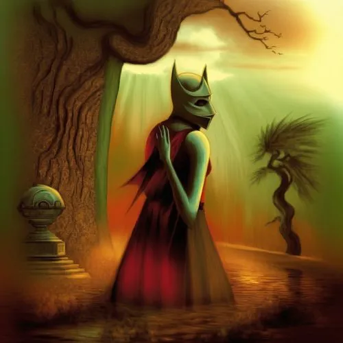 feel safe when you are here,the image is an illustration of a woman in a red dress,halloween background,lantern bat,batwoman,sissel,gothic woman,bat,Illustration,Realistic Fantasy,Realistic Fantasy 25