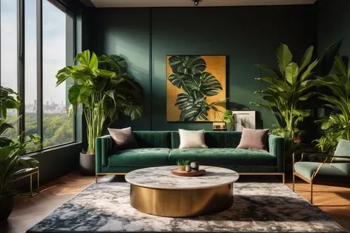 tropical greens,apartment lounge,philodendron,green living,modern decor,house plants,sitting room,philodendrons,houseplants,livingroom,contemporary decor,interior design,living room,calathea,houseplant,black bamboo,bamboo plants,modern minimalist lounge,money plant,mid century modern,Illustration,Retro,Retro 14