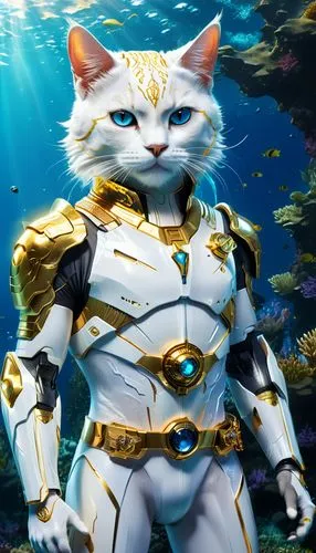 A cat prince with blue eyes, white and gold clothes, a gold belt, a cat and sun symbol on his chest, and a special silver and gold gun takes you into the magical future world. It suddenly squatted dow