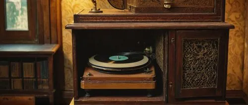 Vintage phonograph, 1920s style, ornate wooden cabinet, intricate carvings, golden accents, rounded horn speaker, old records stacked nearby, dimly lit room, nostalgic atmosphere, warm tone lighting, 