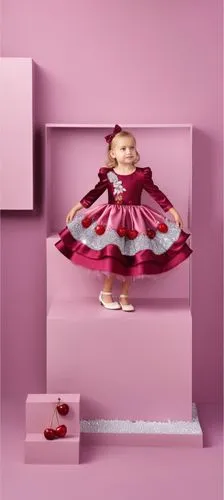 3d fashion drawing of satin dress for kids with sequin on the blouse with three layers with burgundy . first layer is light pink with cherries drawn on it.second layer is burgundy.third layer is dark 