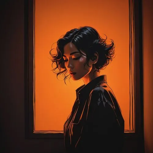 vettriano,marla,dark portrait,woman silhouette,moody portrait,chiaroscuro,tangerine,orange,portrait background,silhouette,aperol,orange color,framed,cinder,bloned portrait,fiery,naranja,melodrama,orange half,woman portrait,Conceptual Art,Graffiti Art,Graffiti Art 01