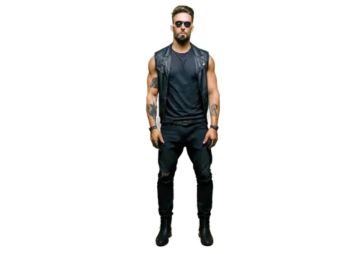 Man, muscular, Shota, serious facial expression, feather skull tattoo on left shoulder, black sleeveless shirt, ripped jeans, leather boots, standing, one hand in pocket, strong lighting, dramatic sha