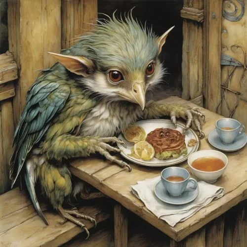 A CAFE OR EATING JOINT FOR YOUNGSTERS,a painting of a bird sitting at a table eating some food,diterlizzi,teatime,tea party cat,ortolan,thornbills,temur,Illustration,Realistic Fantasy,Realistic Fantas