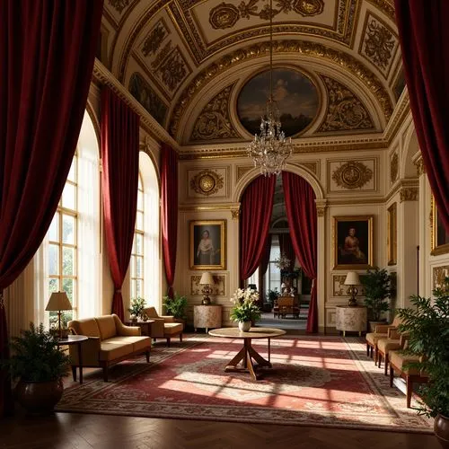 Opulent palace interior, rich velvet drapes, gilded ornate frames, intricate carvings, lavish furnishings, grand chandeliers, crystal prisms, warm golden lighting, soft focus, shallow depth of field, 