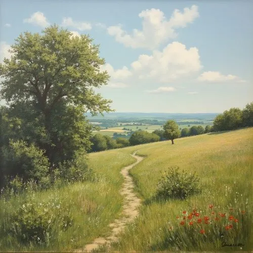 North Stoke, Sussex Downs,this is a painting of a field and a pathway,meadow landscape,green meadows,rural landscape,green landscape,downland,summer meadow,Illustration,Paper based,Paper Based 11