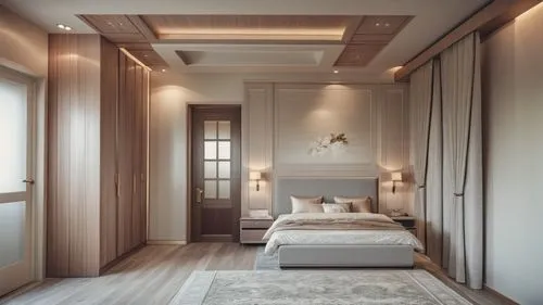 Classical bedroom design with pastel colors and wood ,a large bed sitting in the middle of a room,japanese-style room,amanresorts,sleeping room,modern room,chambre,guestrooms,Photography,General,Cinem